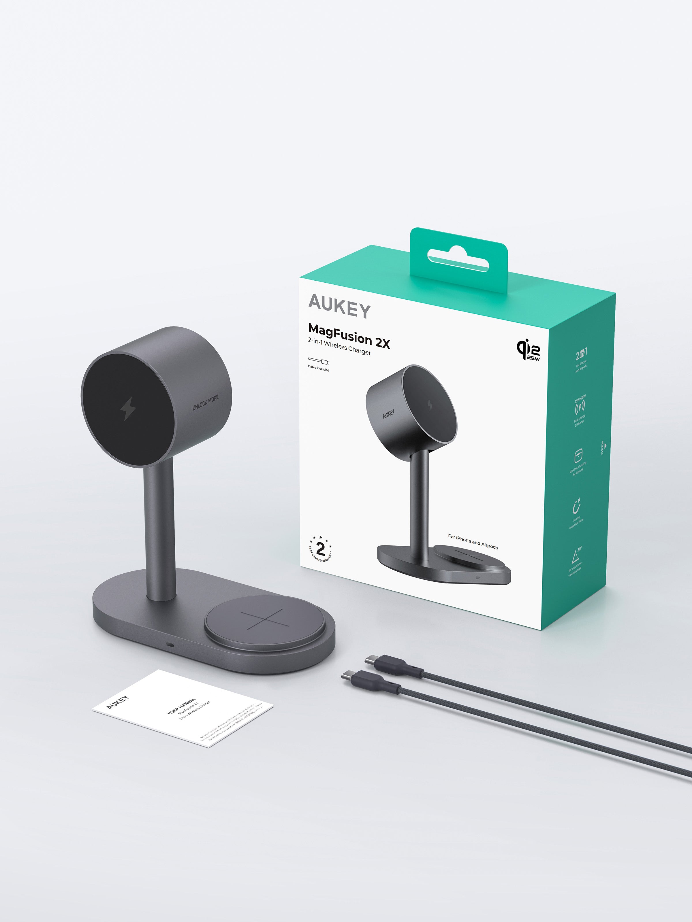 AUKEY LC-MC213 Qi2.2 MagFusion 2X 2-in-1 Magnetic Wireless Charger (Wall Charger Not Included)