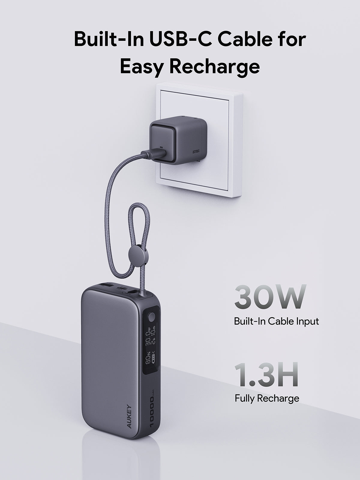 AUKEY PB-Y47 Spark Sling 10000mAh Compact Fast Charging Power Bank with Built-in USB-C Cable