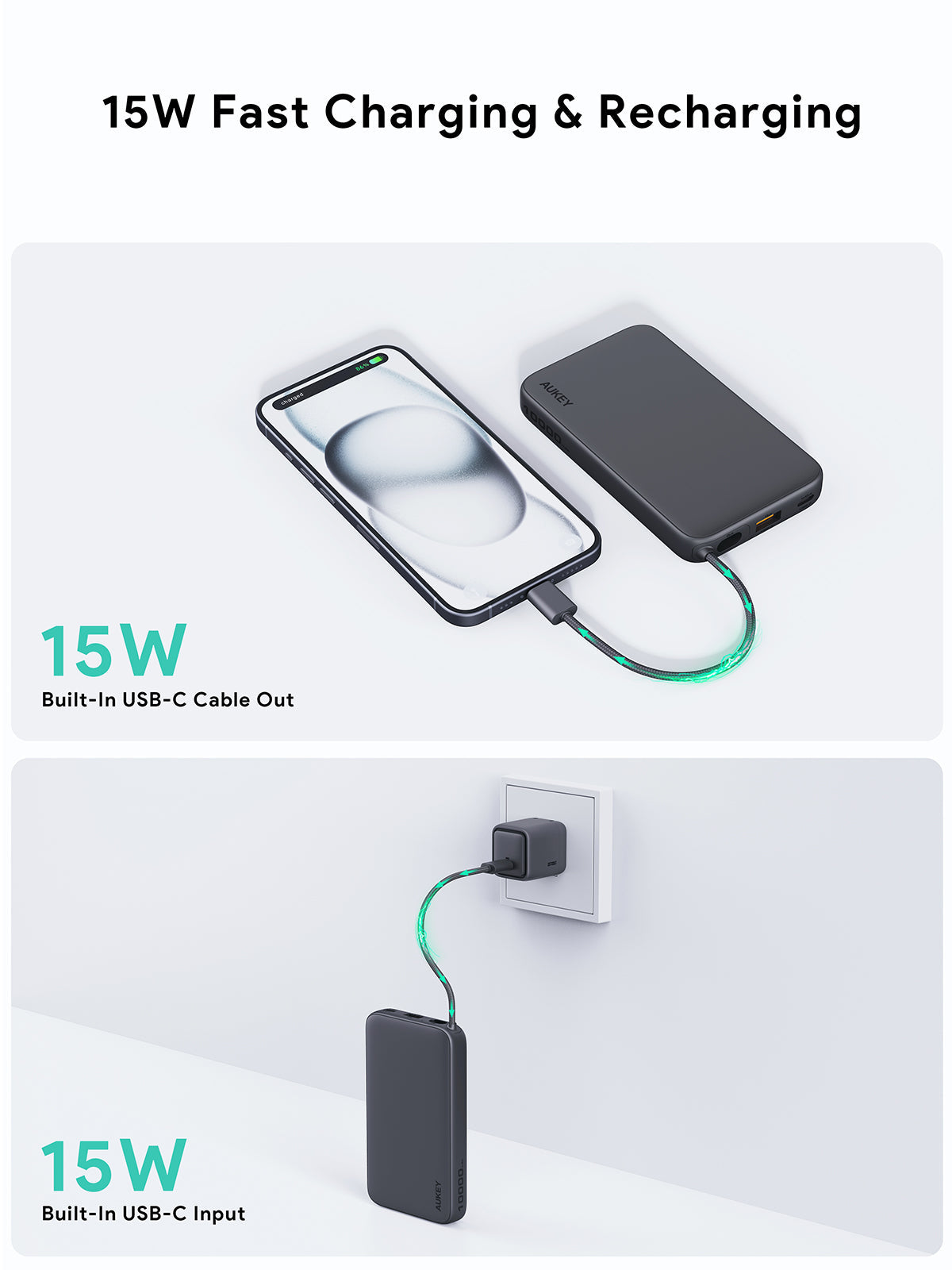 AUKEY PB-Y53 Spark Sling 10000mAh Lite Slim Power Bank with Buit-in USB-C Cable