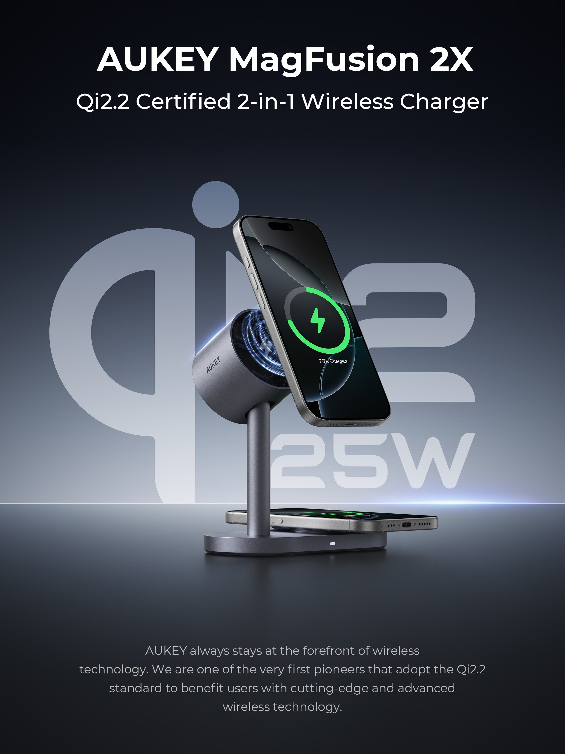 AUKEY LC-MC213 Qi2.2 MagFusion 2X 2-in-1 Magnetic Wireless Charger (Wall Charger Not Included)