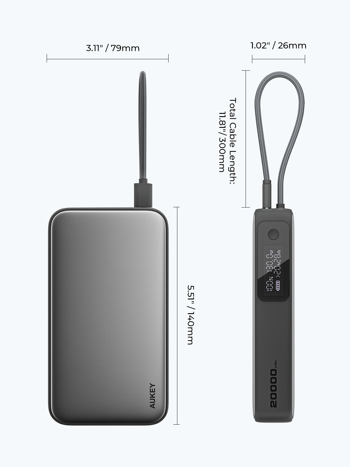 AUKEY PB-Y48 Spark Sling 20000mAh Compact Fast Charging Power Bank  with Built-in USB-C Cable