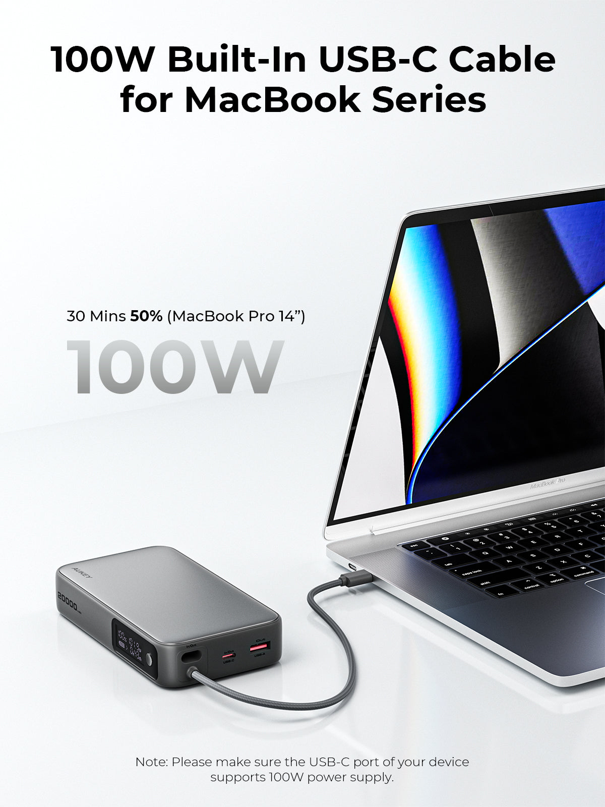 AUKEY PB-Y48 Spark Sling 20000mAh Compact Fast Charging Power Bank  with Built-in USB-C Cable