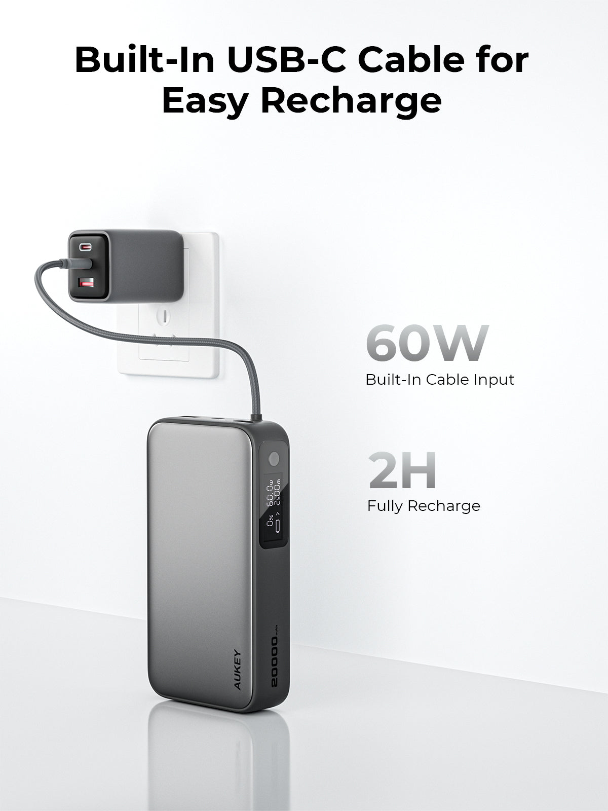 AUKEY PB-Y48 Spark Sling 20000mAh Compact Fast Charging Power Bank  with Built-in USB-C Cable