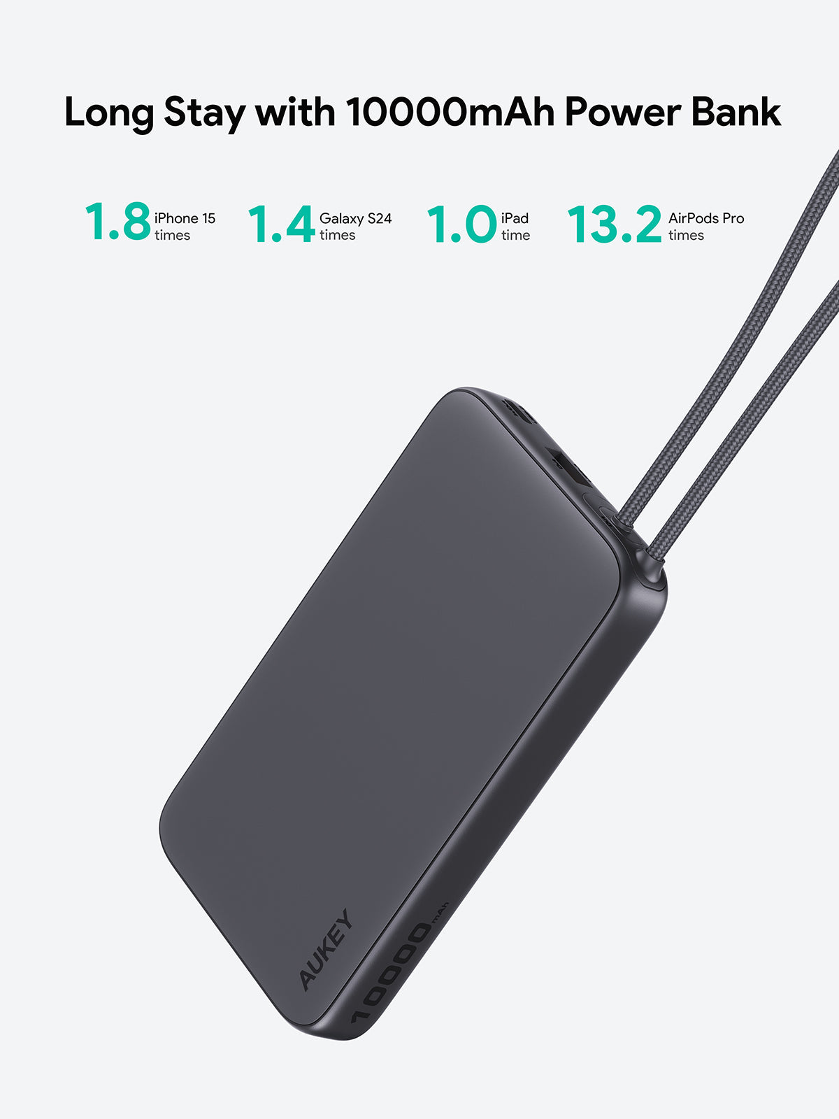 AUKEY PB-Y53 Spark Sling 10000mAh Lite Slim Power Bank with Buit-in USB-C Cable
