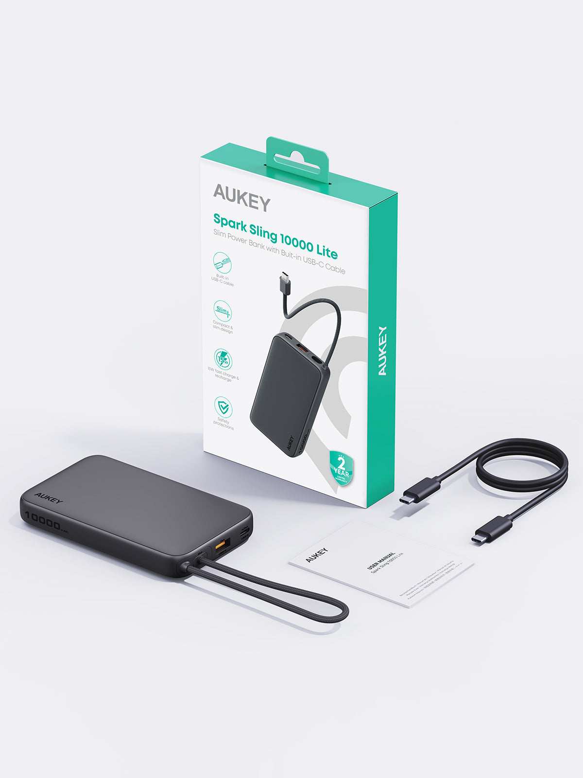AUKEY PB-Y53 Spark Sling 10000mAh Lite Slim Power Bank with Buit-in USB-C Cable